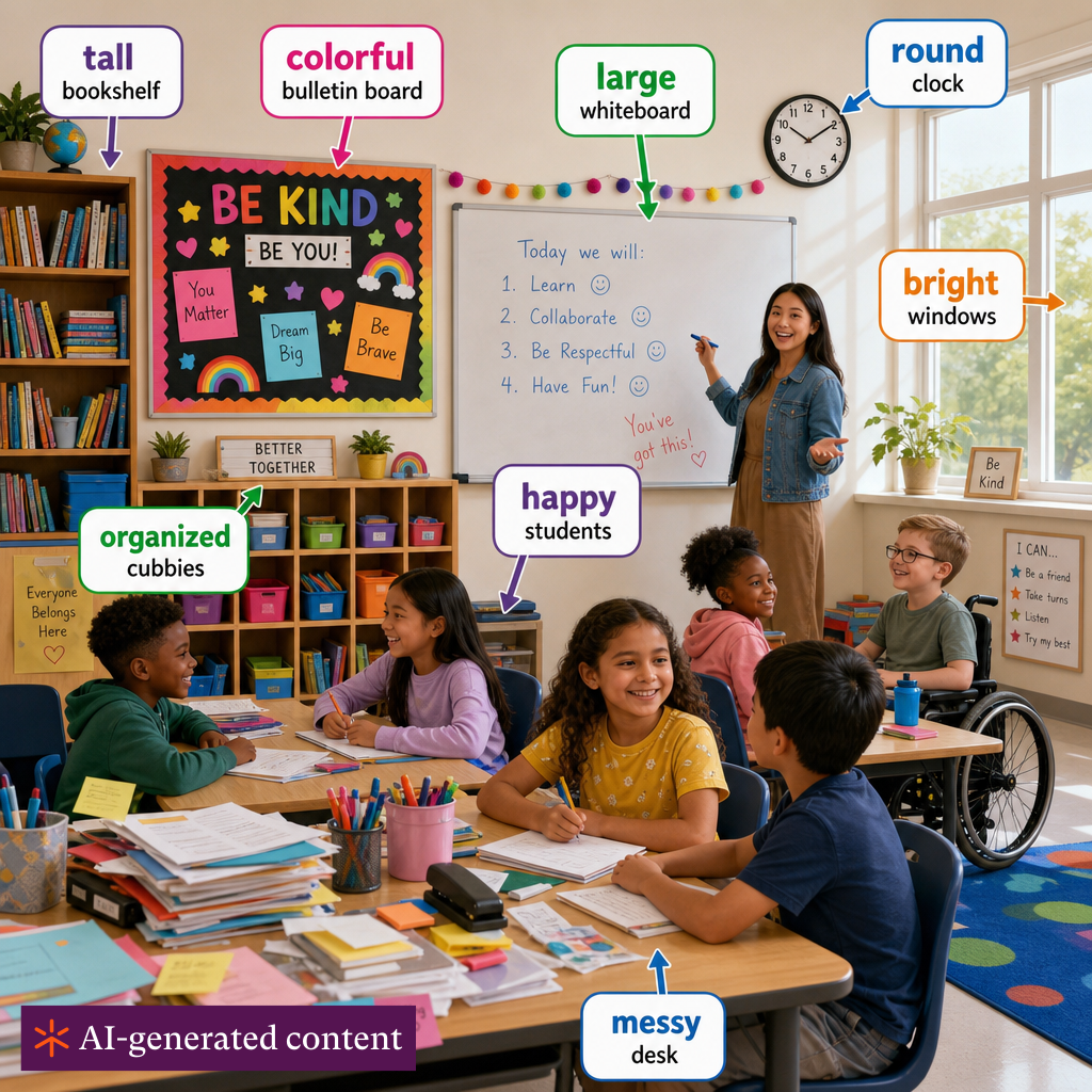 A colorful classroom scene with multiple objects and people. Label various adjectives throughout the image: a 'tall' bookshelf, a 'colorful' bulletin board, 'happy' students, a 'round' clock, 'bright' windows, a 'messy' desk, 'organized' cubbies, and a 'large' whiteboard. Show diverse students and inclusive classroom environment.
