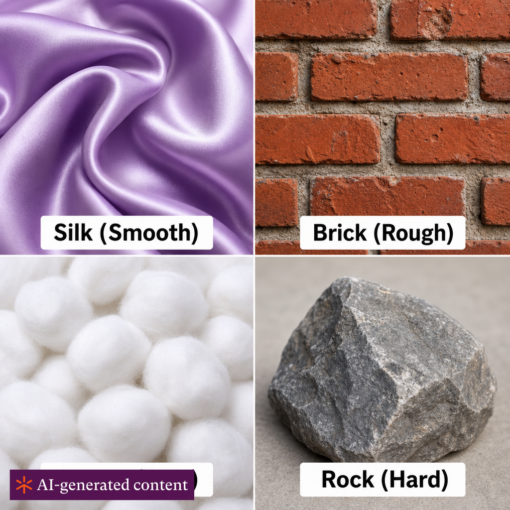 Texture examples showing four different materials: smooth silk fabric with a glossy sheen, rough red brick with visible texture, soft white cotton balls, and a hard gray rock. Each material should be clearly labeled and visually distinct.