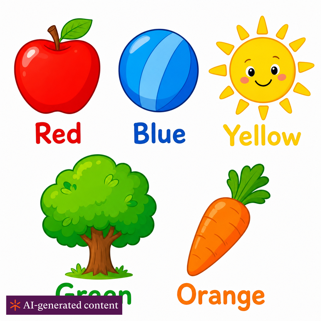 Five colorful objects representing basic adjectives: a red apple, a blue ball, a yellow sun, a green tree, and an orange carrot. Each object is bright, clear, and labeled with its color. Simple, cartoon style suitable for 6-7 year olds.