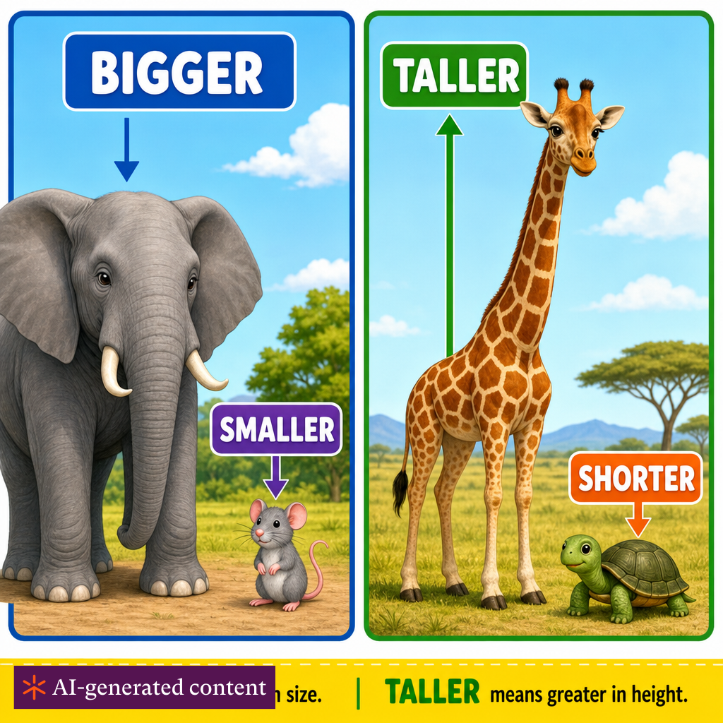 A size comparison illustration showing a big elephant next to a small mouse on one side, and a tall giraffe next to a short turtle on the other side. Use bright colors and clear visual contrast. Include labels for 'bigger,' 'smaller,' 'taller,' and 'shorter.'