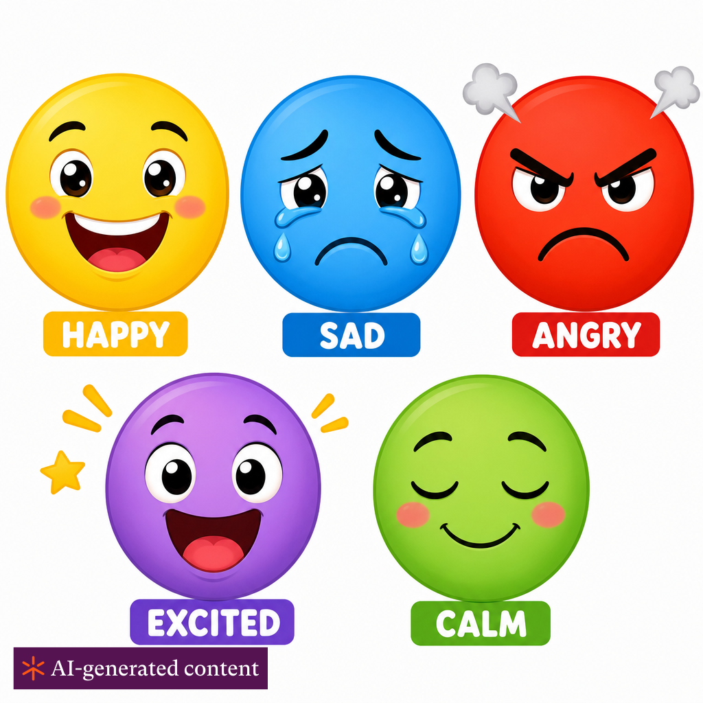 Five emotion faces showing different expressions: a happy face with a big smile, a sad face with tears, an angry face with a frown, an excited face with wide eyes, and a calm face with closed eyes. Colorful and expressive, suitable for elementary students.