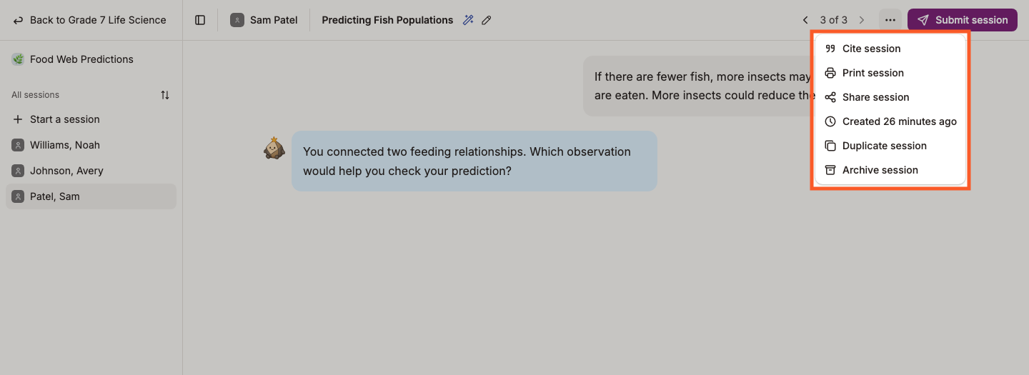 The More actions menu on a session, showing Archive session